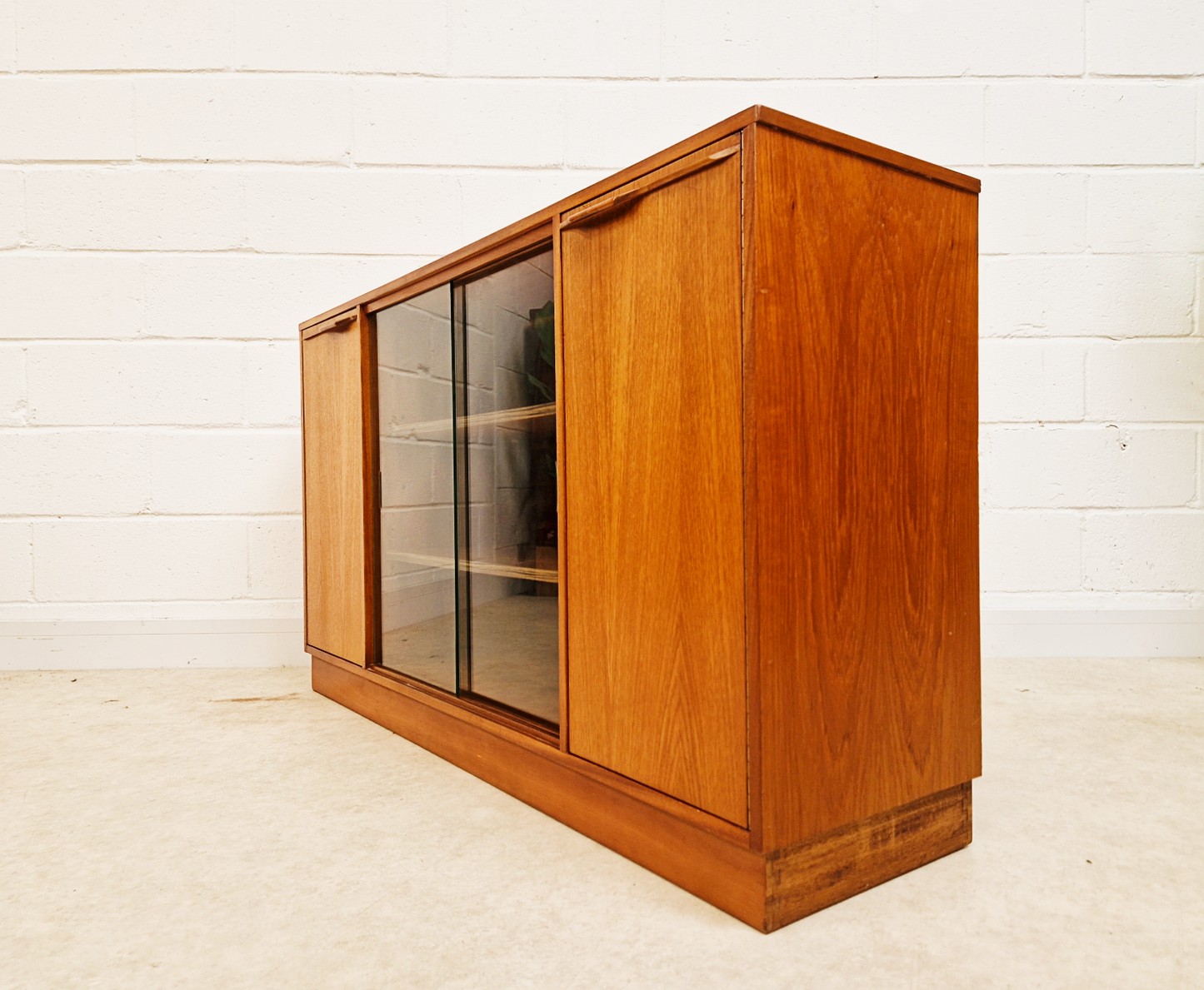 Vintage 1960s Mid Century Medium Teak & Glazed Glass Double Bookcase Sideboard