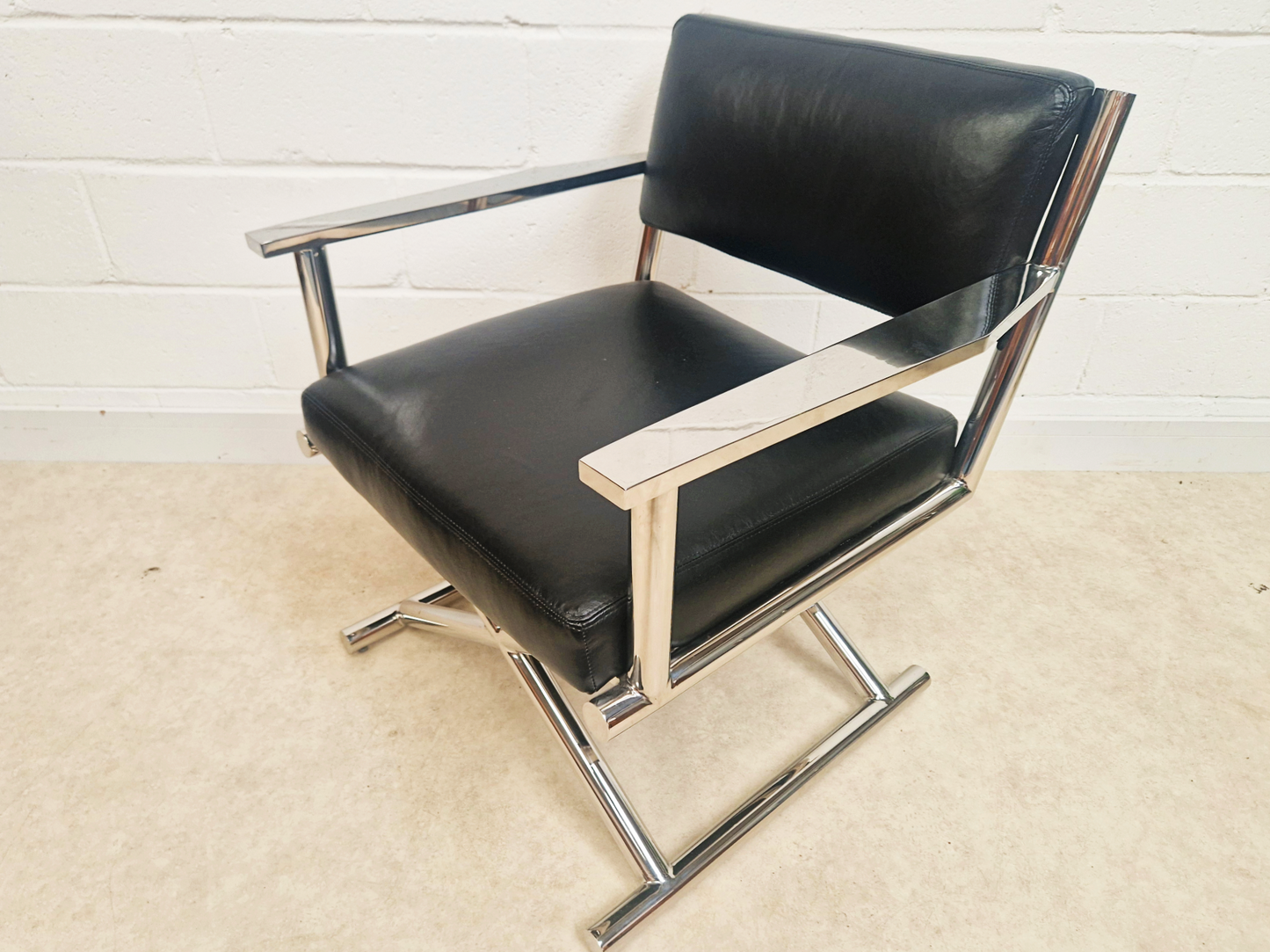 PAIR Vintage Mid Century Soft Leather & Polished Chrome Lounge Accent Directors Armchairs