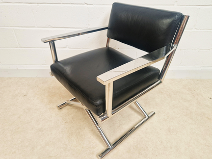 PAIR Vintage Mid Century Soft Leather & Polished Chrome Lounge Accent Directors Armchairs
