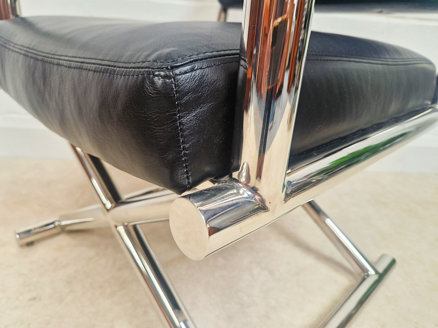 PAIR Vintage Mid Century Soft Leather & Polished Chrome Lounge Accent Directors Armchairs
