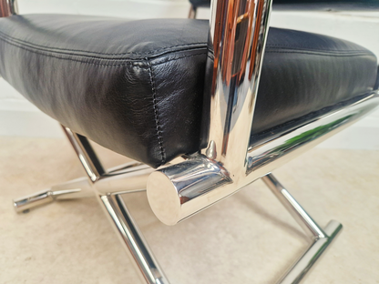 PAIR Vintage Mid Century Soft Leather & Polished Chrome Lounge Accent Directors Armchairs