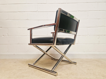 PAIR Vintage Mid Century Soft Leather & Polished Chrome Lounge Accent Directors Armchairs