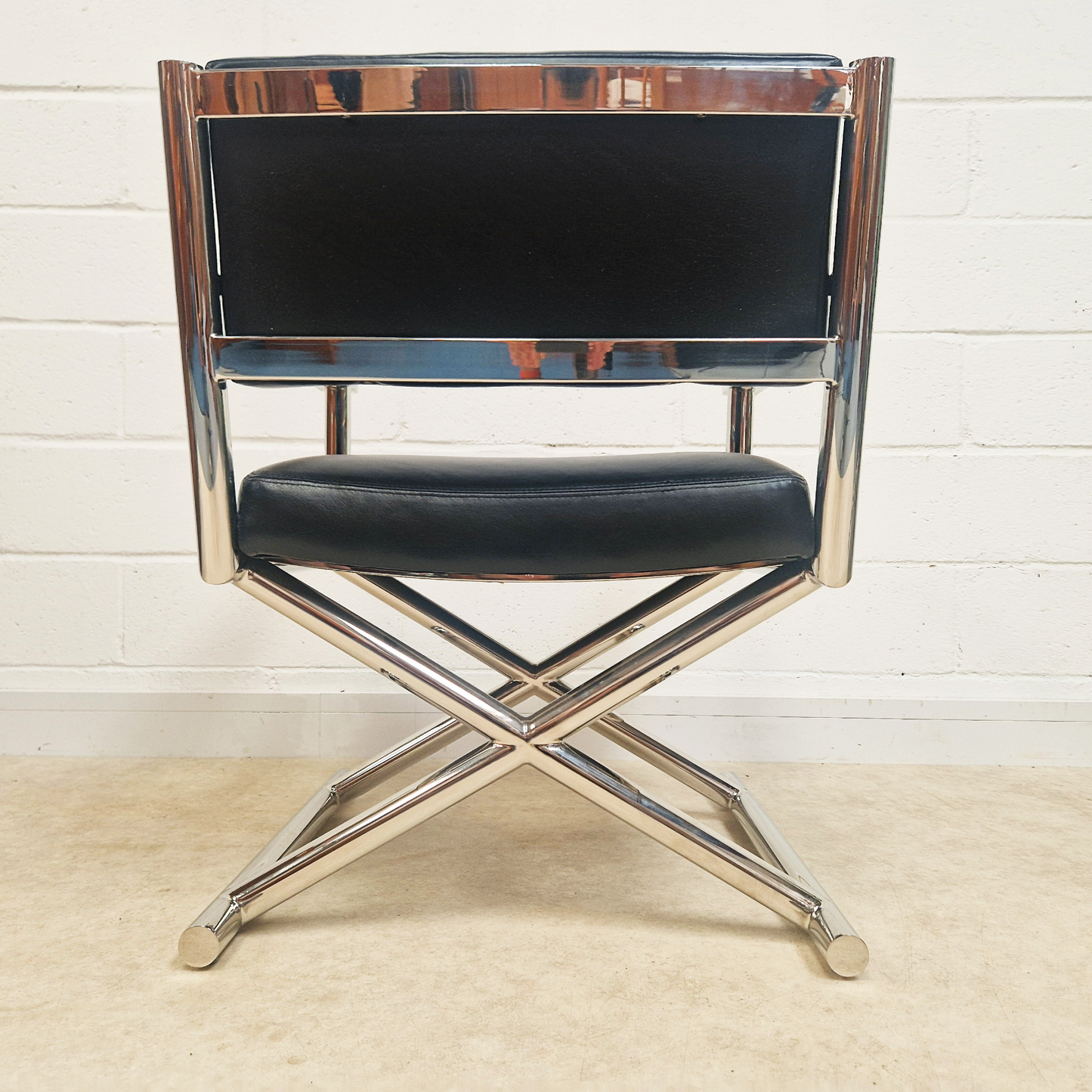 Vintage Mid Century Soft Leather & Polished Chrome Lounge Accent Directors Armchair