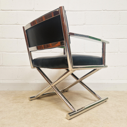 PAIR Vintage Mid Century Soft Leather & Polished Chrome Lounge Accent Directors Armchairs