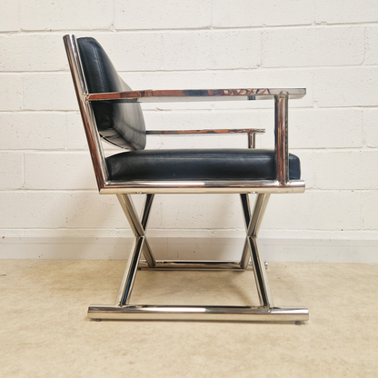 PAIR Vintage Mid Century Soft Leather & Polished Chrome Lounge Accent Directors Armchairs