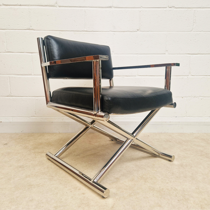 PAIR Vintage Mid Century Soft Leather & Polished Chrome Lounge Accent Directors Armchairs