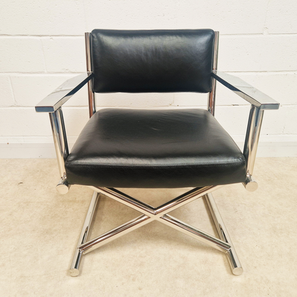 PAIR Vintage Mid Century Soft Leather & Polished Chrome Lounge Accent Directors Armchairs
