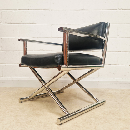 Vintage Mid Century Soft Leather & Polished Chrome Lounge Accent Directors Armchair