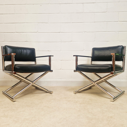 PAIR Vintage Mid Century Soft Leather & Polished Chrome Lounge Accent Directors Armchairs