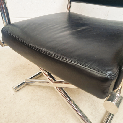 PAIR Vintage Mid Century Soft Leather & Polished Chrome Lounge Accent Directors Armchairs