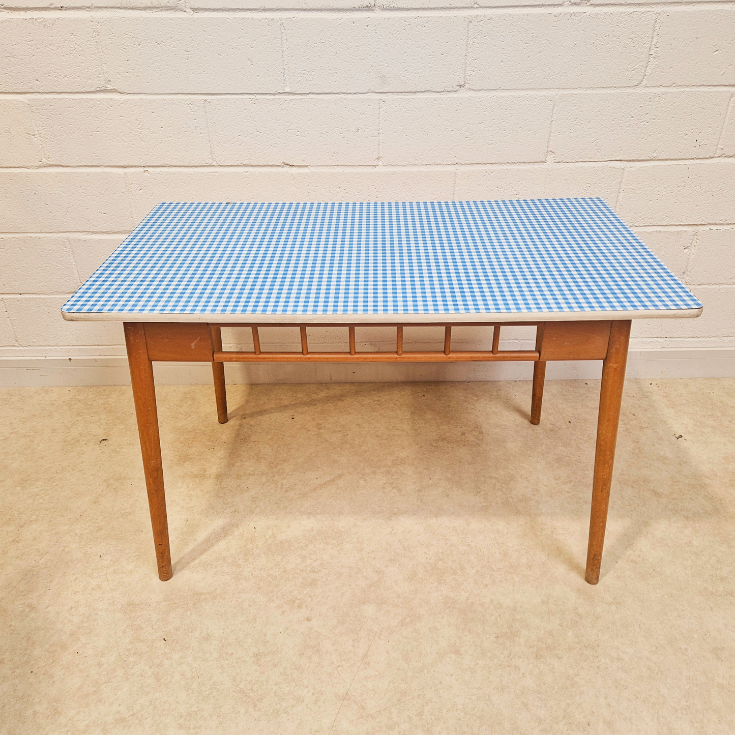Vintage Mid Century 1960s Gingham Blue Formica & Solid Beech Dining Table