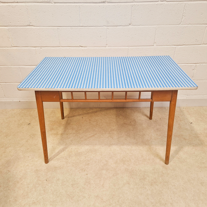 Vintage Mid Century 1960s Gingham Blue Formica & Solid Beech Dining Table