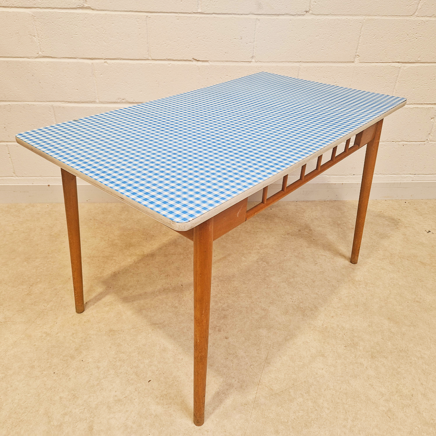Vintage Mid Century 1960s Gingham Blue Formica & Solid Beech Dining Table