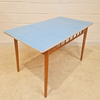 Vintage Mid Century 1960s Gingham Blue Formica & Solid Beech Dining Table