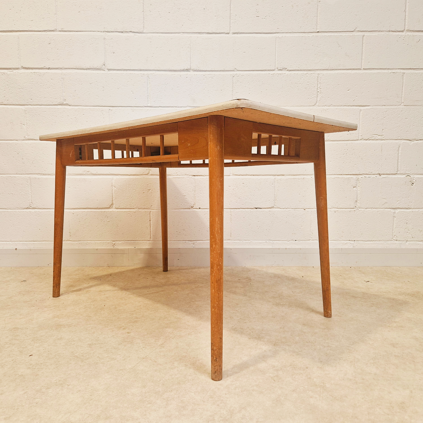 Vintage Mid Century 1960s Gingham Blue Formica & Solid Beech Dining Table