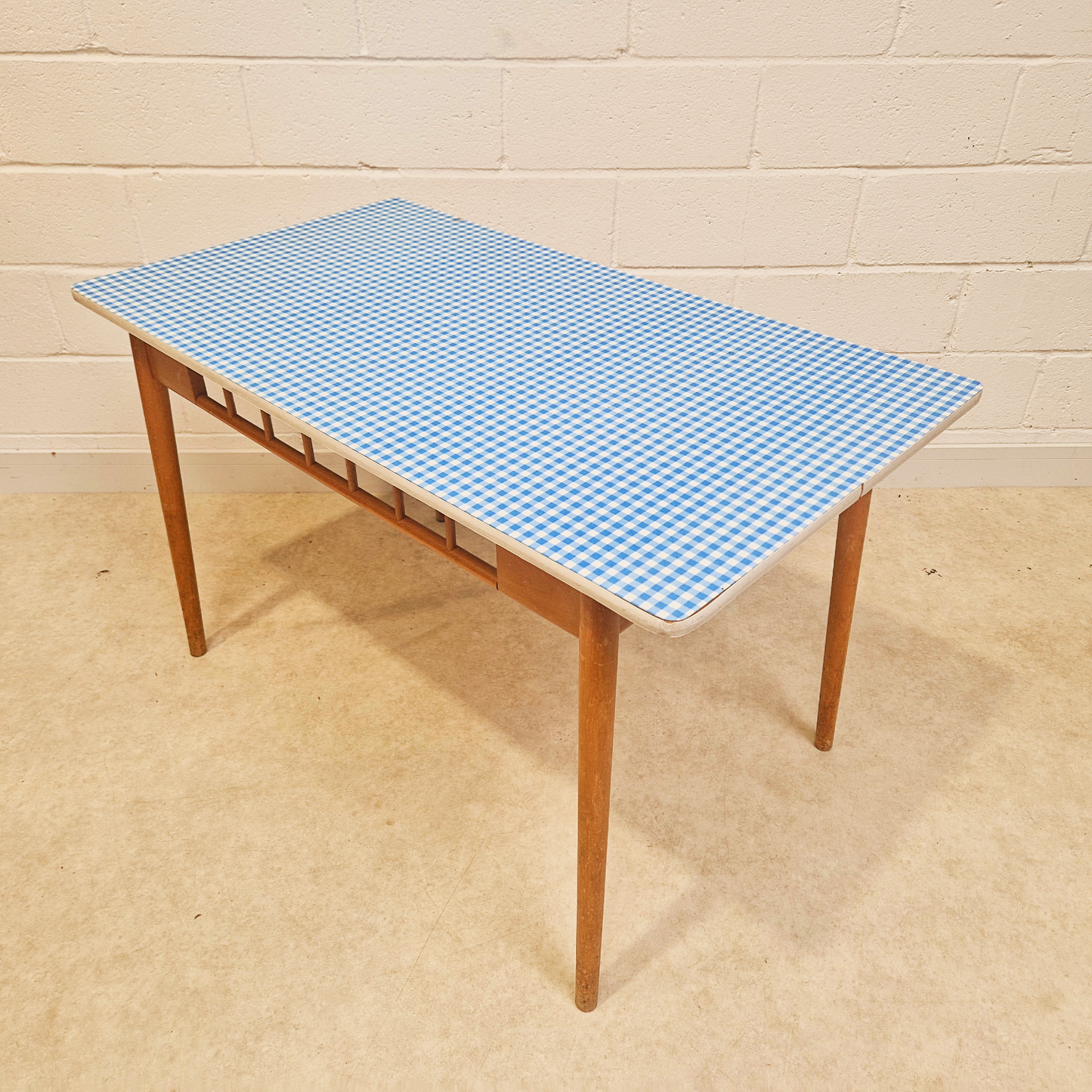 Vintage Mid Century 1960s Gingham Blue Formica & Solid Beech Dining Table