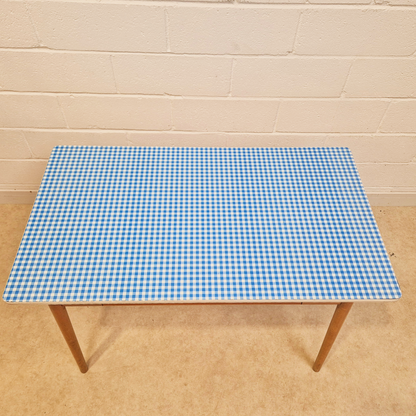 Vintage Mid Century 1960s Gingham Blue Formica & Solid Beech Dining Table