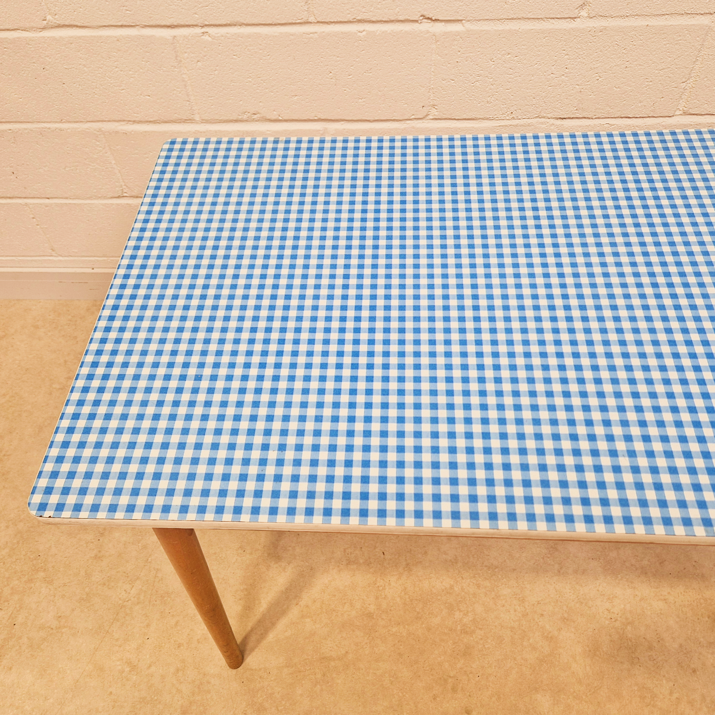 Vintage Mid Century 1960s Gingham Blue Formica & Solid Beech Dining Table