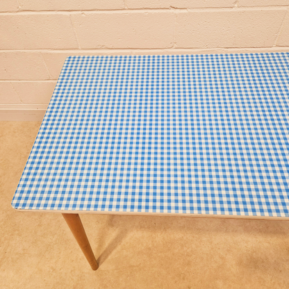 Vintage Mid Century 1960s Gingham Blue Formica & Solid Beech Dining Table