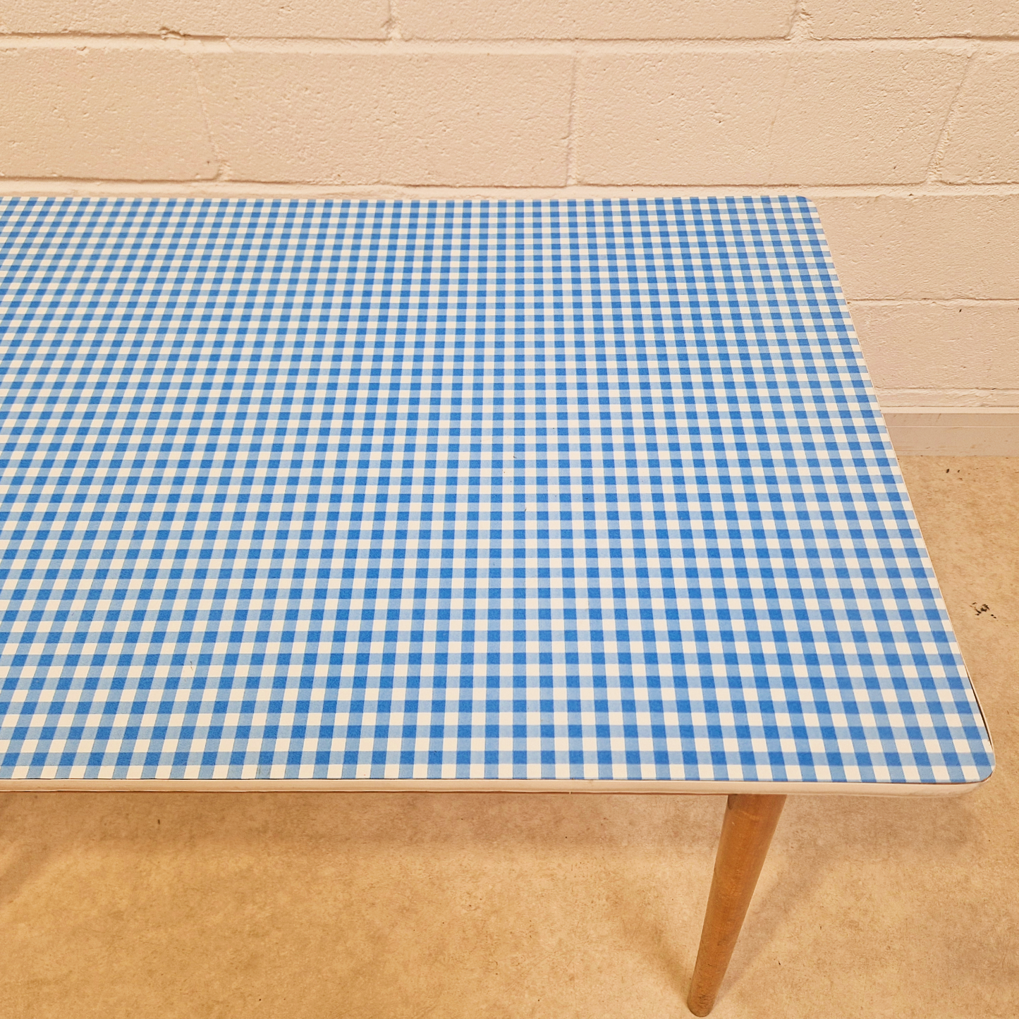 Vintage Mid Century 1960s Gingham Blue Formica & Solid Beech Dining Table