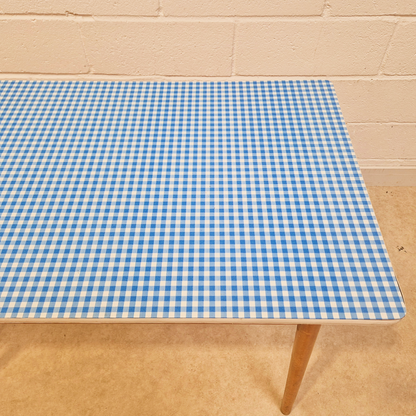 Vintage Mid Century 1960s Gingham Blue Formica & Solid Beech Dining Table