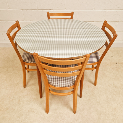 Vintage Mid Century 1960s Beech & Gingham Formica Round Drop Leaf Dining Table
