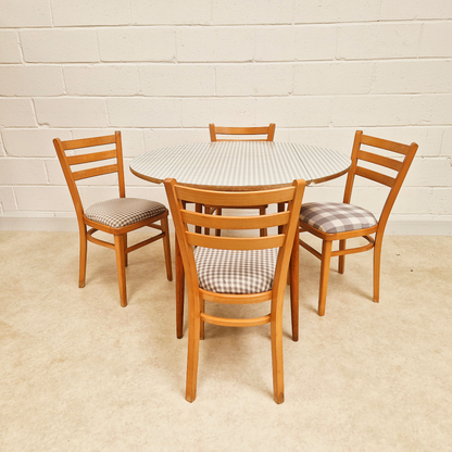 Vintage Mid Century 1960s Beech & Gingham Formica Round Drop Leaf Dining Table