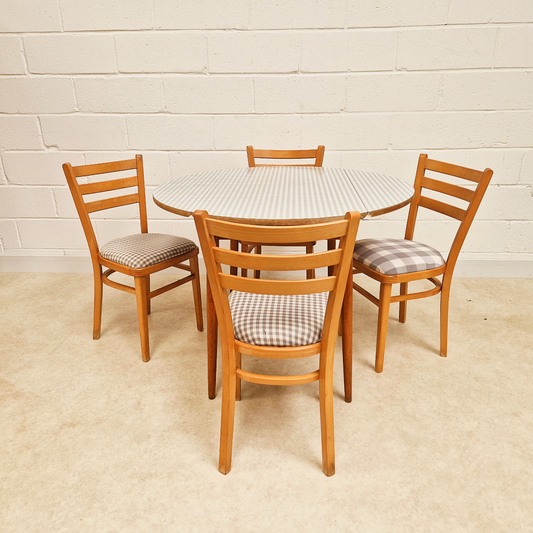 Vintage Mid Century 1960s Beech & Gingham Formica Round Drop Leaf Dining Table