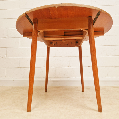 Vintage Mid Century 1960s Beech & Gingham Formica Round Drop Leaf Dining Table