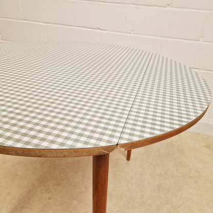 Vintage Mid Century 1960s Beech & Gingham Formica Round Drop Leaf Dining Table