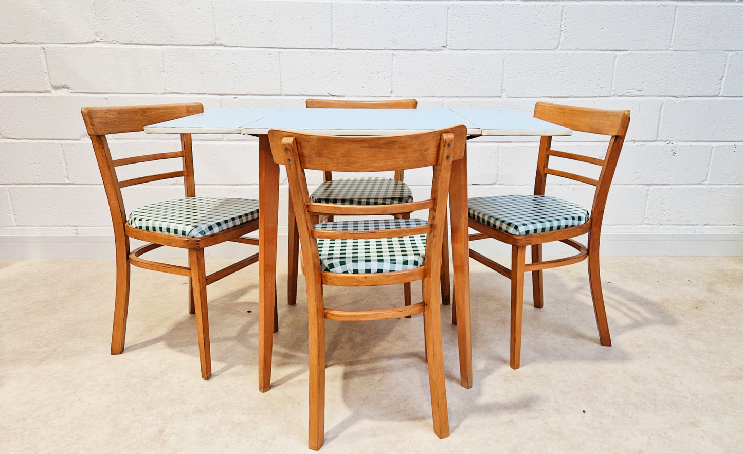 Vintage Mid Century 1960s Sky Blue Formica & Solid Beech Dining Table Chair Set