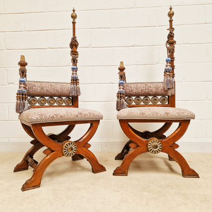 PAIR Vintage Renaissance Revival Carved Oak Chairs W/ Liberty Damask & Regal Tassels