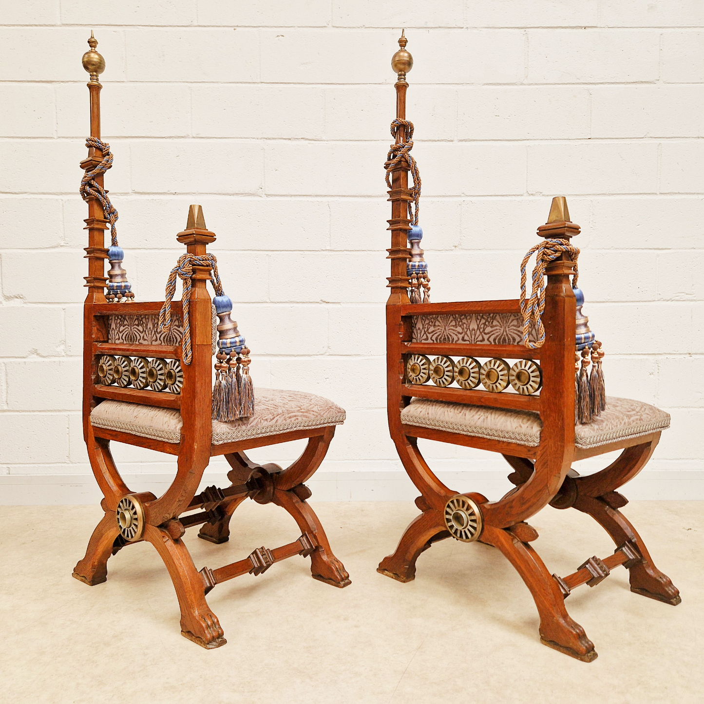PAIR Vintage Renaissance Revival Carved Oak Chairs W/ Liberty Damask & Regal Tassels