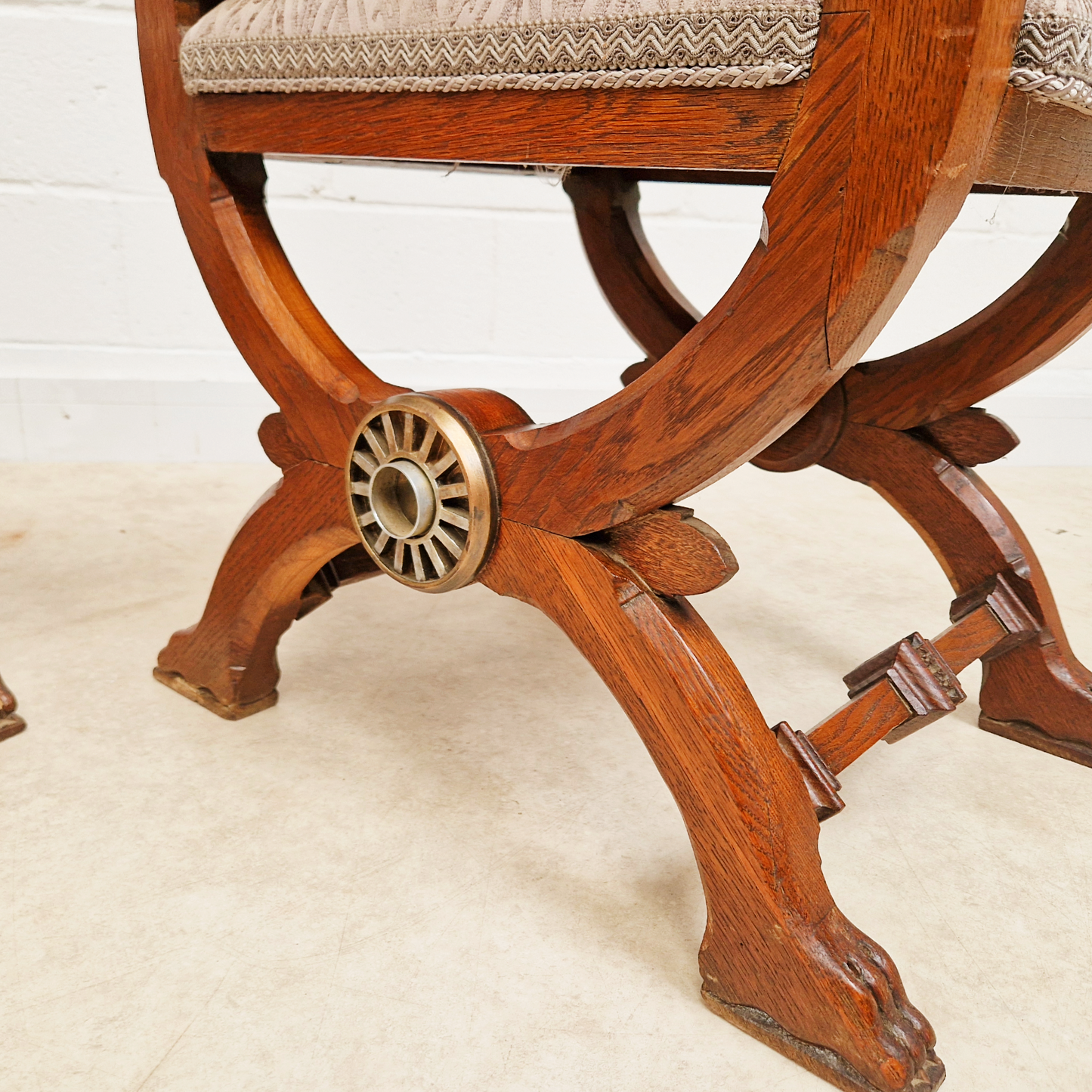 PAIR Vintage Renaissance Revival Carved Oak Chairs W/ Liberty Damask & Regal Tassels