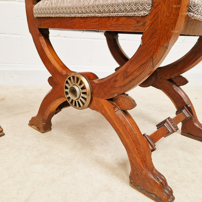 PAIR Vintage Renaissance Revival Carved Oak Chairs W/ Liberty Damask & Regal Tassels