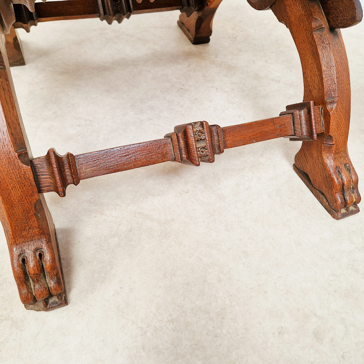 PAIR Vintage Renaissance Revival Carved Oak Chairs W/ Liberty Damask & Regal Tassels