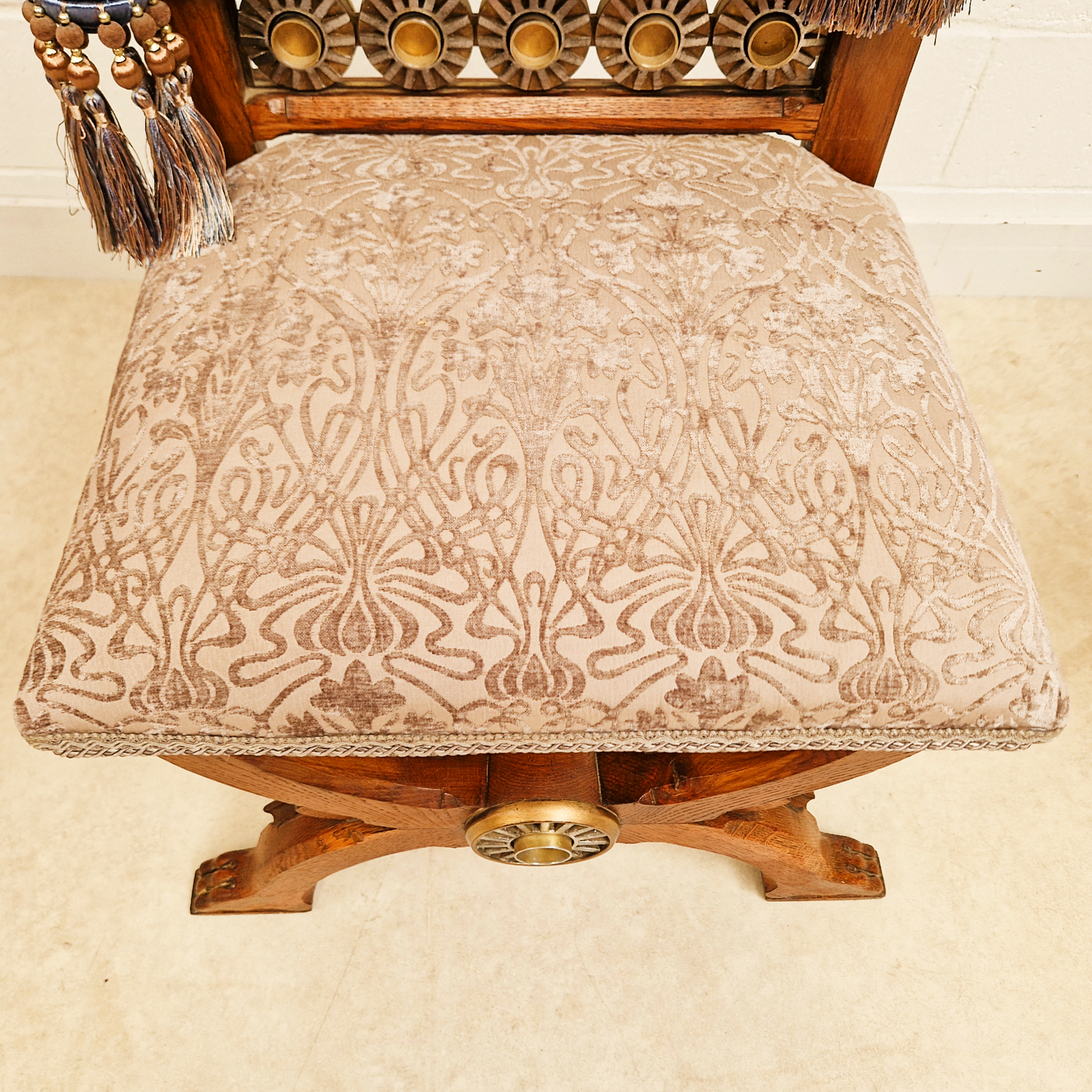 PAIR Vintage Renaissance Revival Carved Oak Chairs W/ Liberty Damask & Regal Tassels