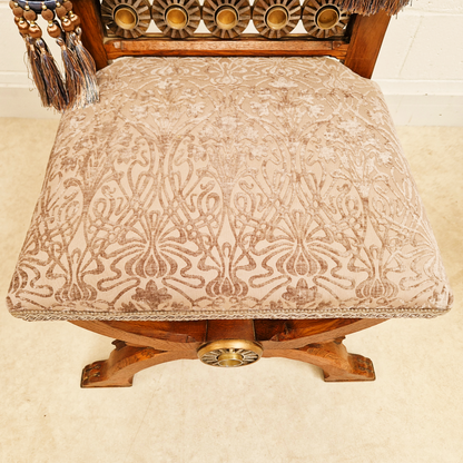 PAIR Vintage Renaissance Revival Carved Oak Chairs W/ Liberty Damask & Regal Tassels