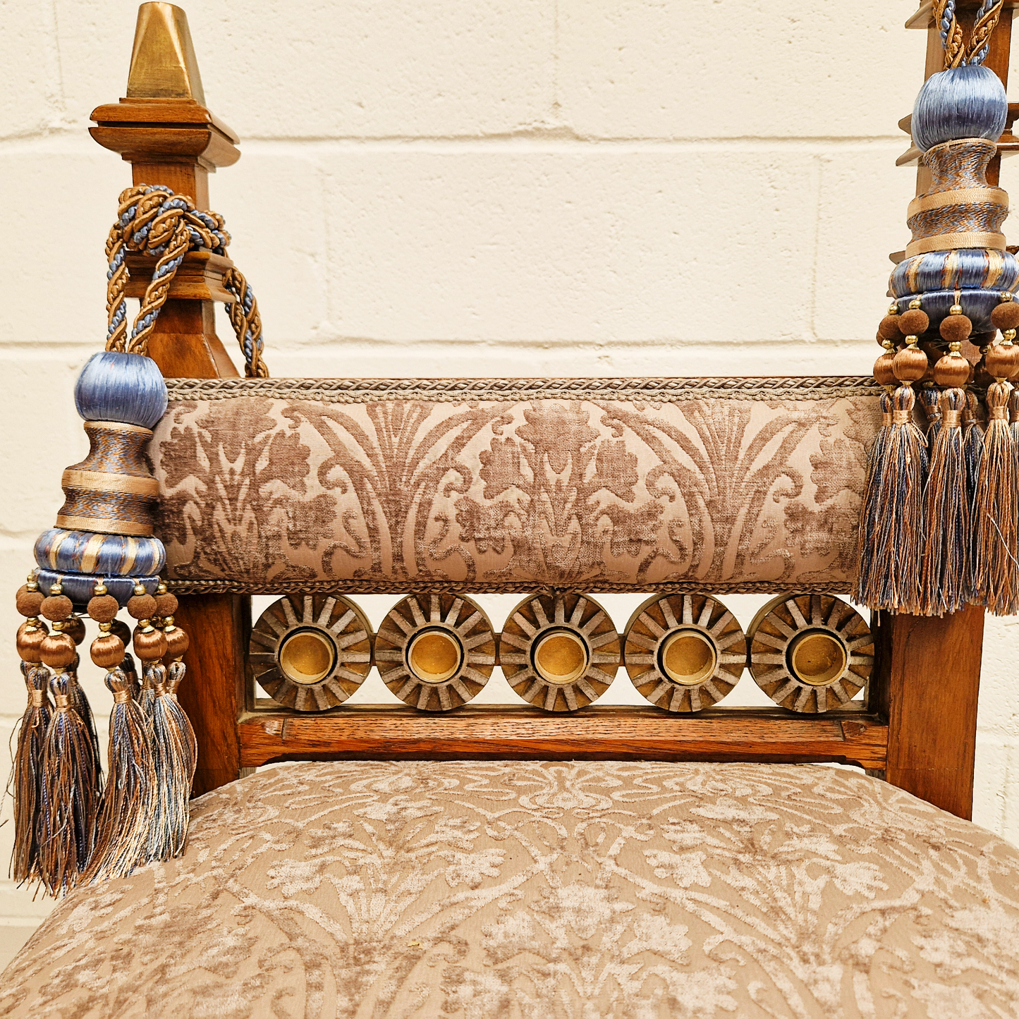 PAIR Vintage Renaissance Revival Carved Oak Chairs W/ Liberty Damask & Regal Tassels
