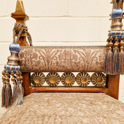 PAIR Vintage Renaissance Revival Carved Oak Chairs W/ Liberty Damask & Regal Tassels
