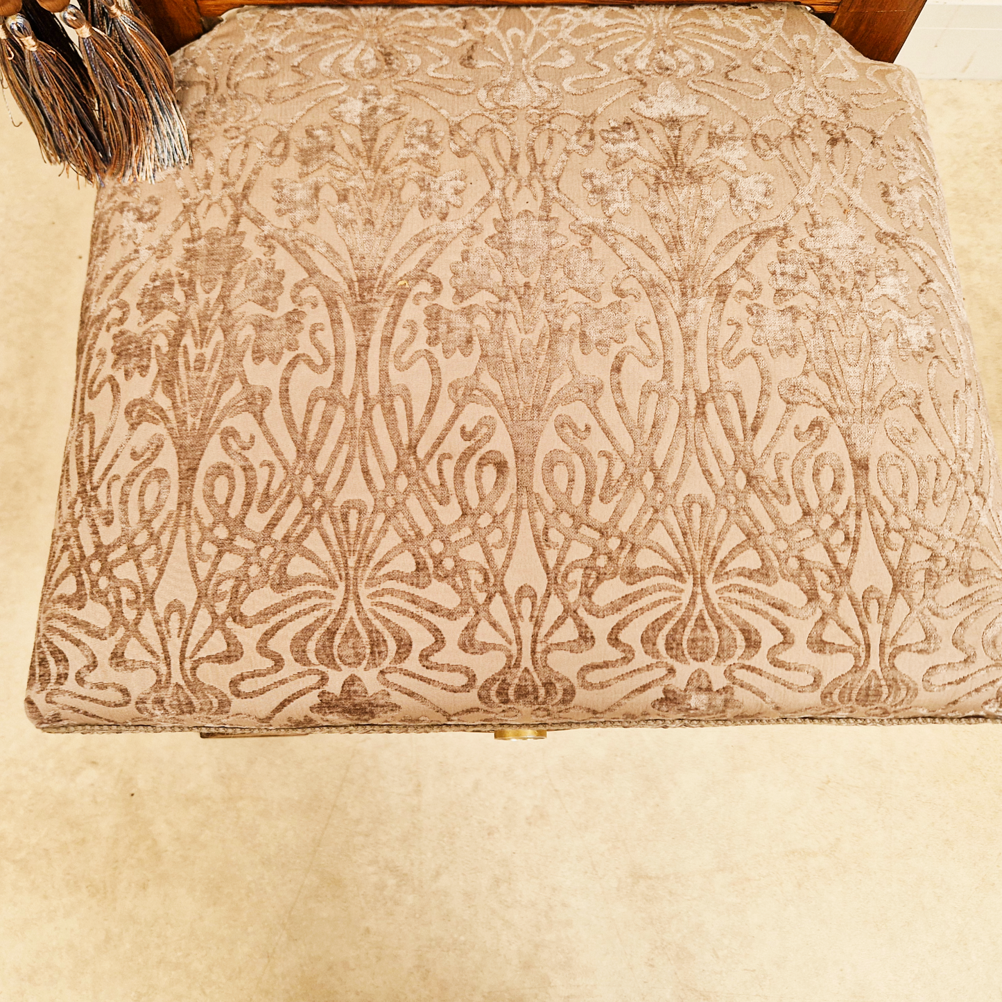 PAIR Vintage Renaissance Revival Carved Oak Chairs W/ Liberty Damask & Regal Tassels