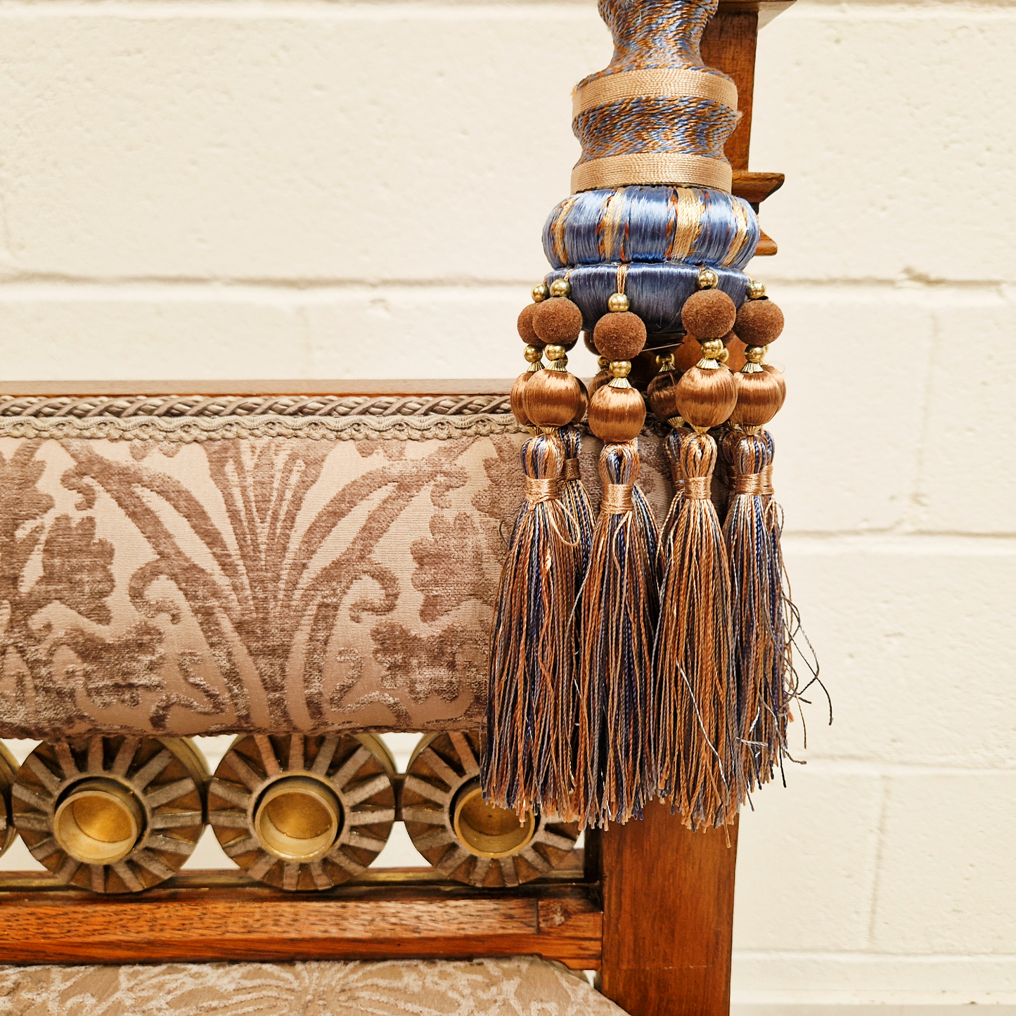 PAIR Vintage Renaissance Revival Carved Oak Chairs W/ Liberty Damask & Regal Tassels