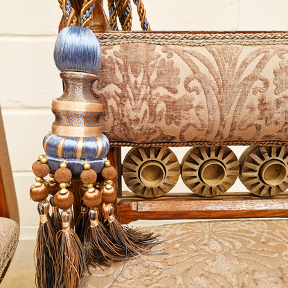 PAIR Vintage Renaissance Revival Carved Oak Chairs W/ Liberty Damask & Regal Tassels