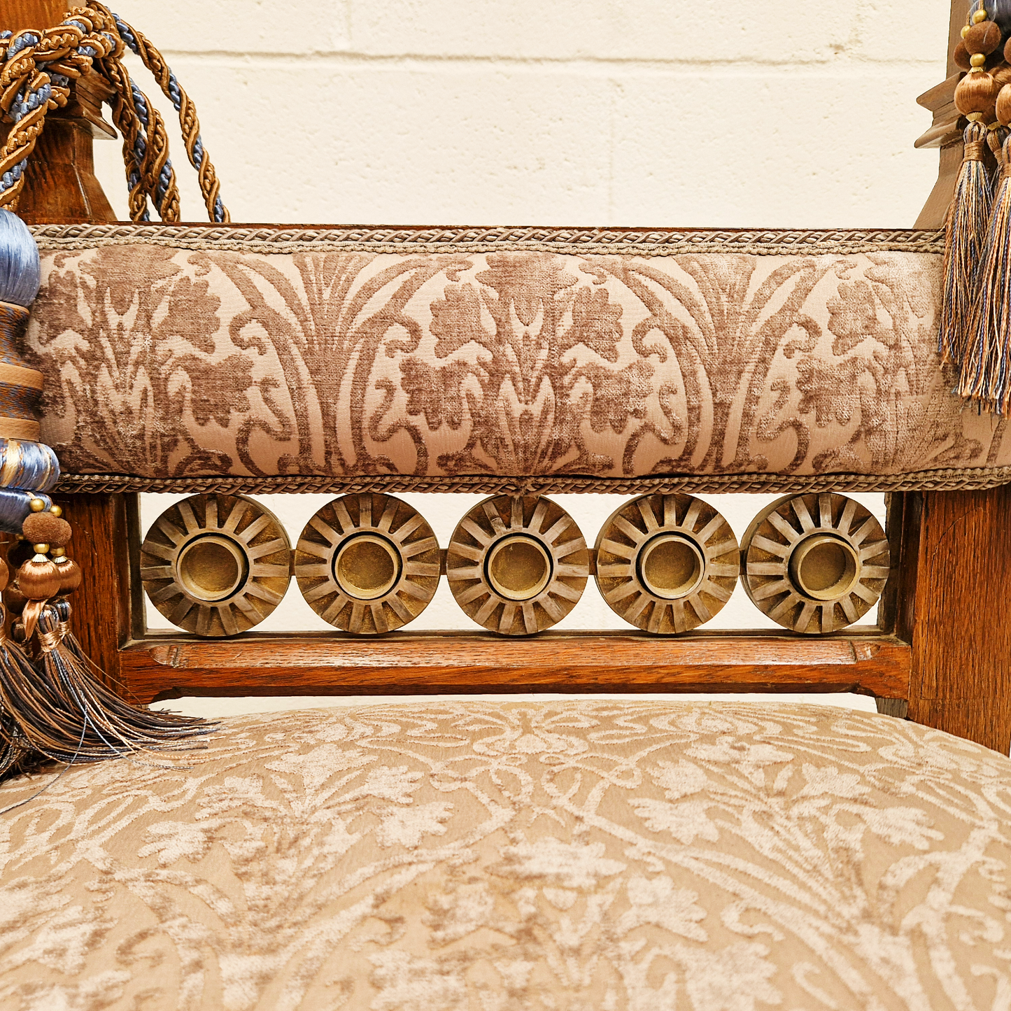 PAIR Vintage Renaissance Revival Carved Oak Chairs W/ Liberty Damask & Regal Tassels