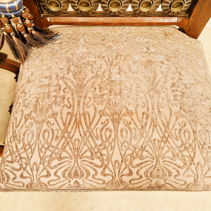 PAIR Vintage Renaissance Revival Carved Oak Chairs W/ Liberty Damask & Regal Tassels