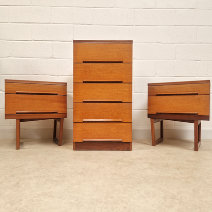 White & Newton Vintage Mid Century Danish Design Tallboy Chest of Drawers & Bedside Cabinet Set