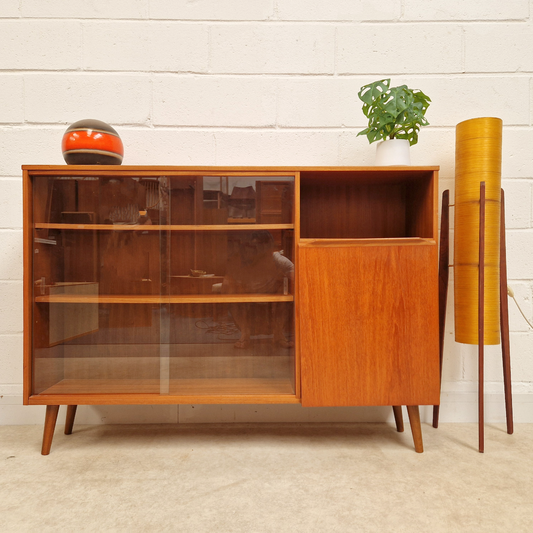 Vintage Mid Century Danish Design Medium Teak & Glazed Glass Slim Bookcase Sideboard PG283