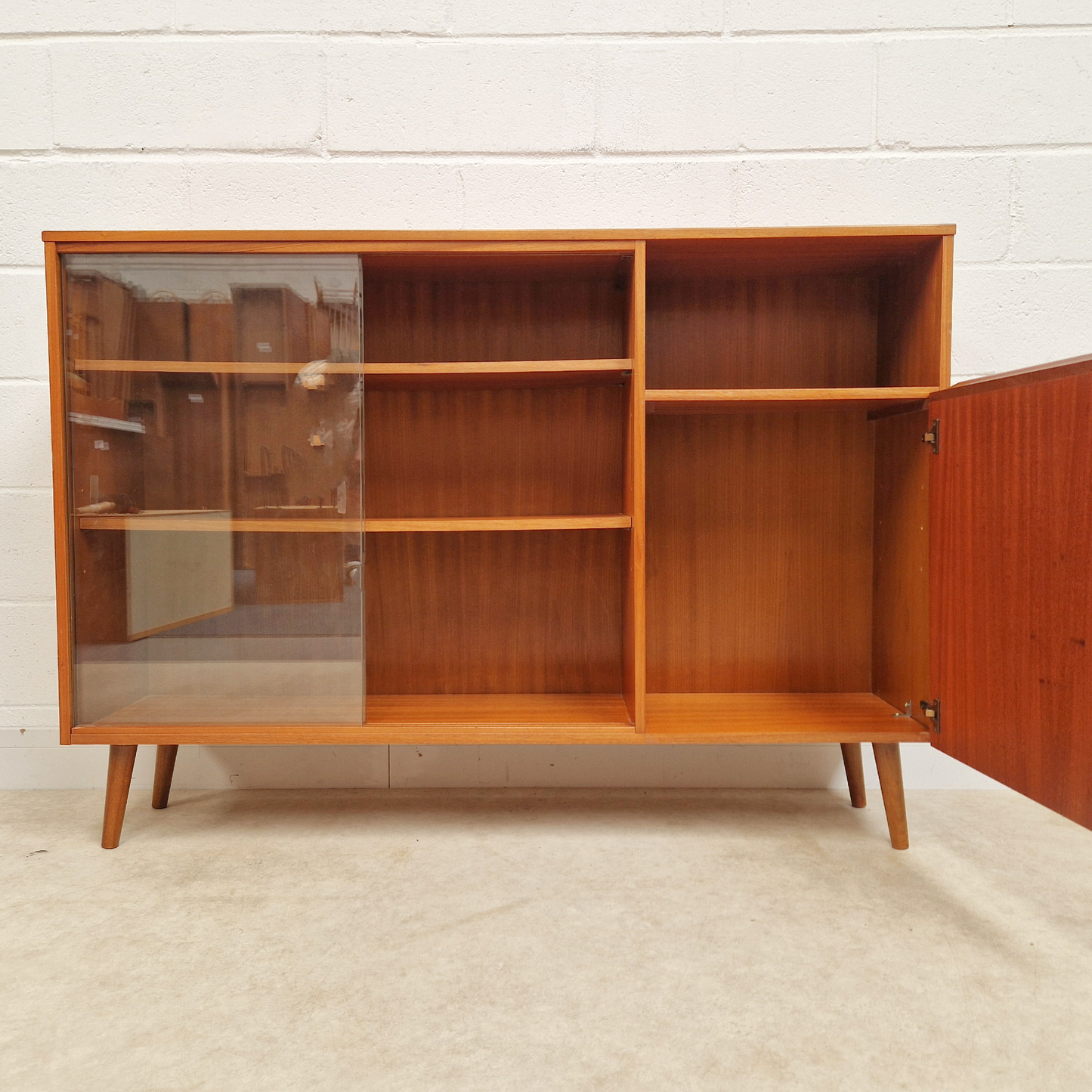 Vintage Mid Century Danish Design Medium Teak & Glazed Glass Slim Bookcase Sideboard PG283