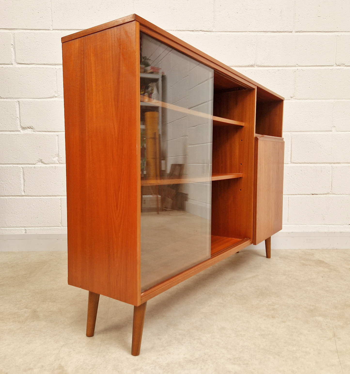 Vintage Mid Century Danish Design Medium Teak & Glazed Glass Slim Bookcase Sideboard PG283