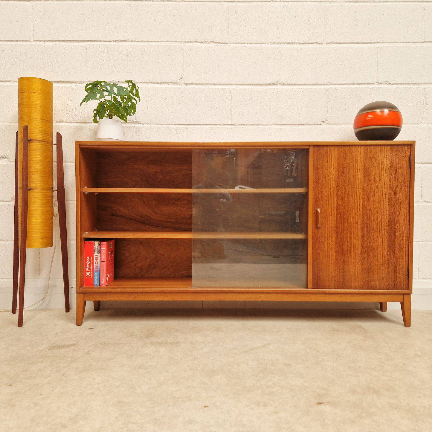 Herbert Gibbs Vintage Mid Century Medium Teak & Glazed Glass Double Length Bookcase